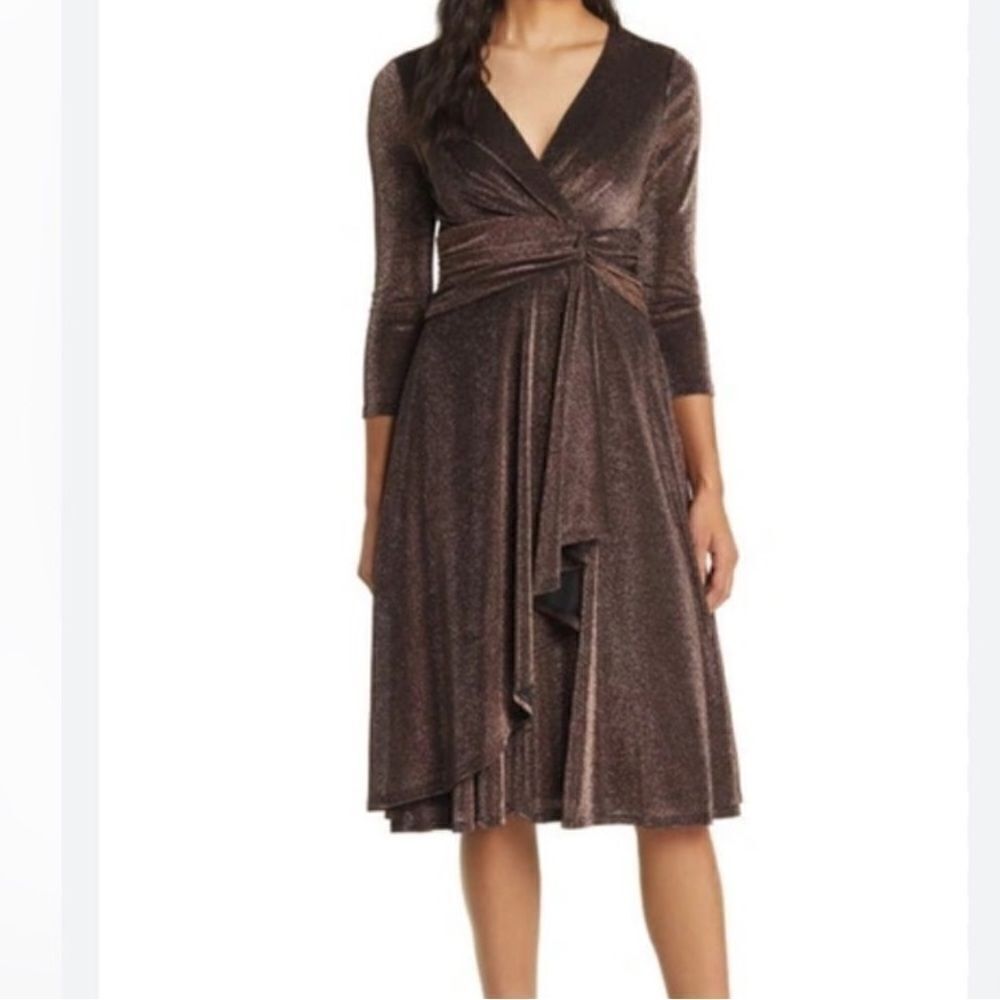 Eliza J Dress Metallic Brown Long Sleeve Faux Wrap Cocktail-U12